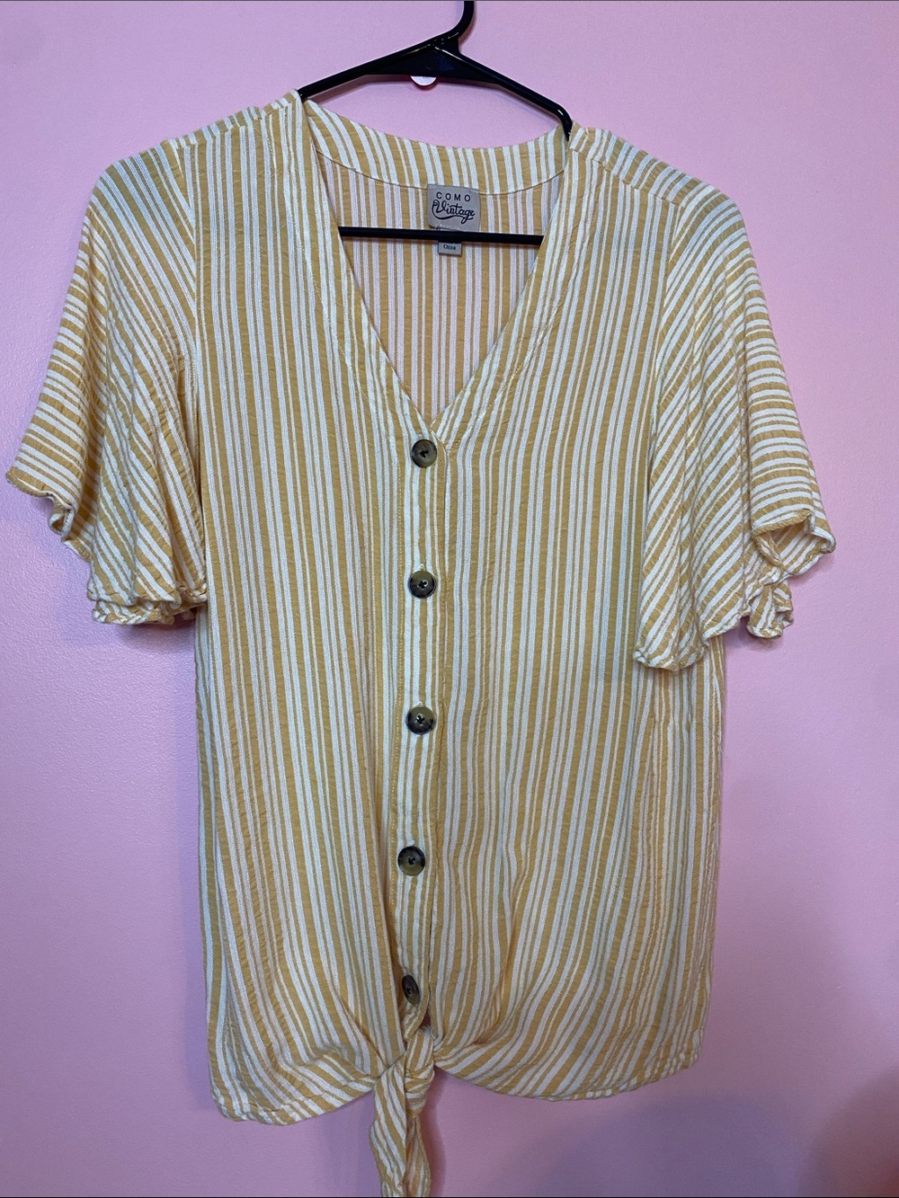 Como Vintage Yellow and White Striped Button-Front Tie Hem Shirt